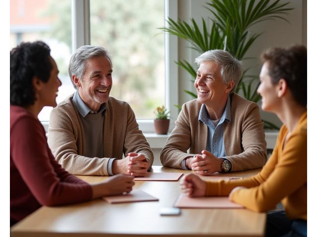 Group of diverse adults 35+ engaged in a lively discussion, perhaps around a table, conveying active listening and shared learning within a supportive setting.