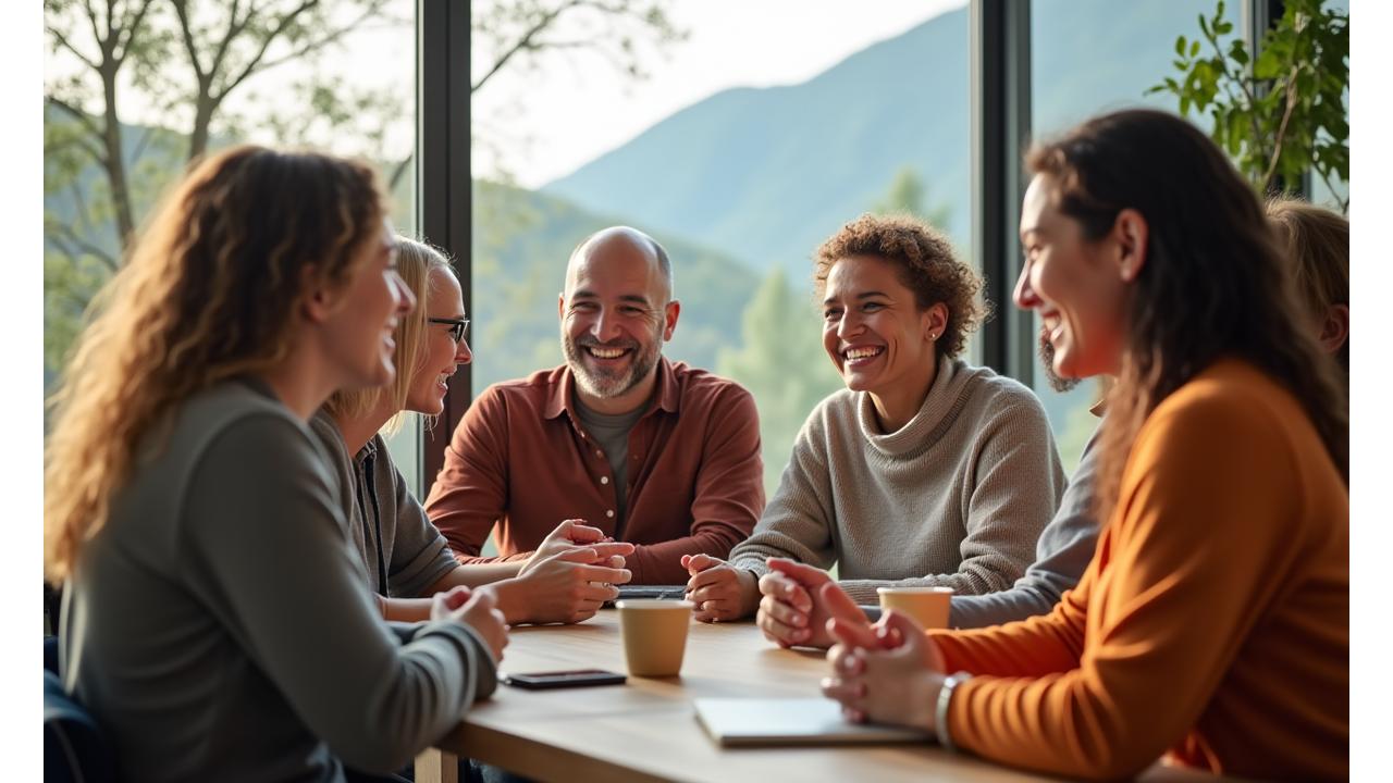 Diverse group of adults 35+ smiling and connecting in a bright, modern wellness space in Boulder, conveying a sense of belonging and community.