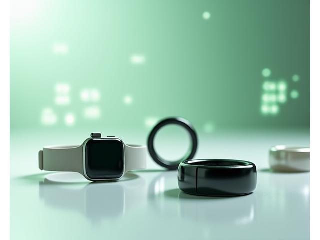 Various wearable health devices (smartwatch, fitness tracker, smart ring) neatly arranged on a clean, modern surface, with subtle digital health data visualizations in the background.