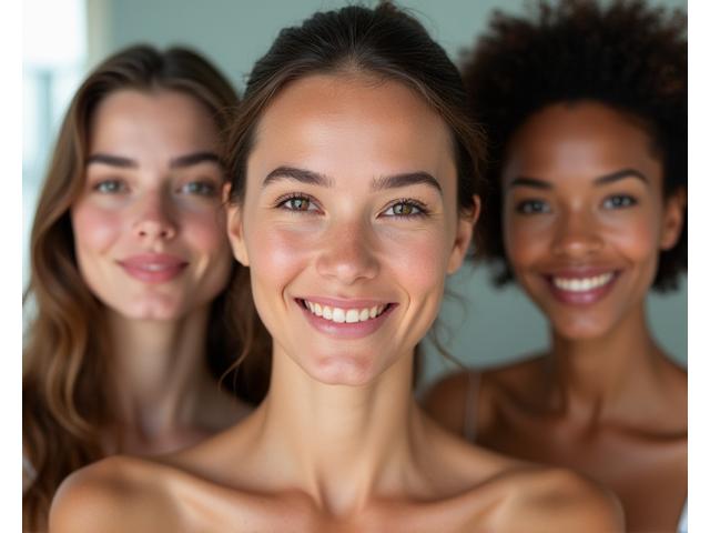 A diverse group of adults (35+) with healthy, glowing skin smiling confidently, perhaps in a natural light setting or enjoying a gentle activity.